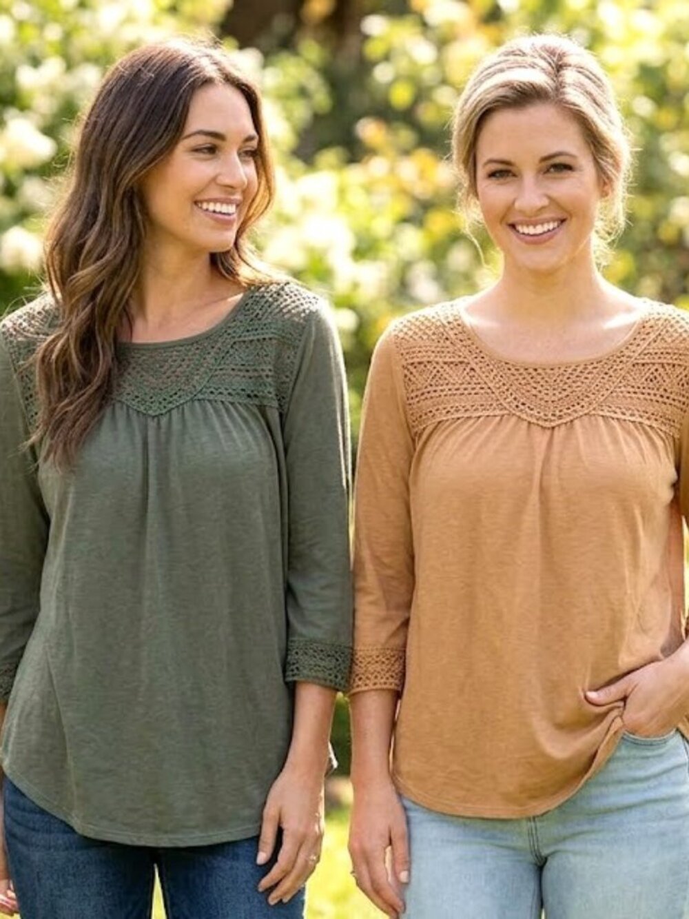 2 Hannah Boho womens tops 3/4 Sleeve Crochet Trim Lot of 2 Size L